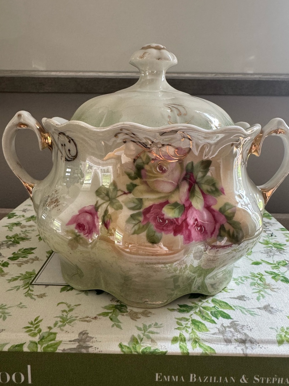 Antique Ebeling Reuss E&R Germany Lusterware Covered Sugar Bowl Pink Rose c.1910